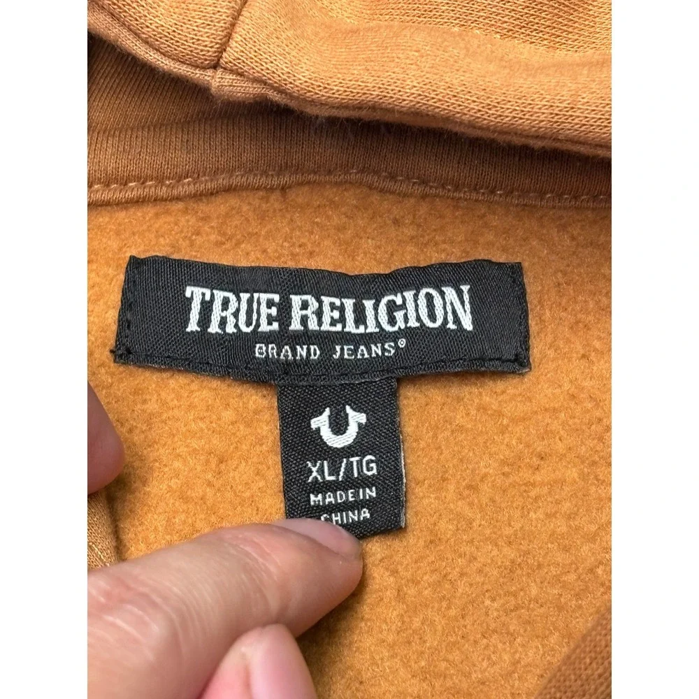 True Religion Mens XL Brown Zip Up Horseshoe Logo Fleece Hoodie Sweatshirt 2002‎